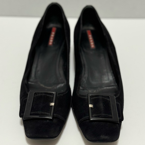 PRADA Vintage Red Label Black Square Toe Suede Buckle Kitten Heels EUC - Picture 3 of 11